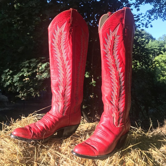 LARRY MAHAN VINTAGE 80s Tall Leather Cowboy Boots - Picture 2 of 16